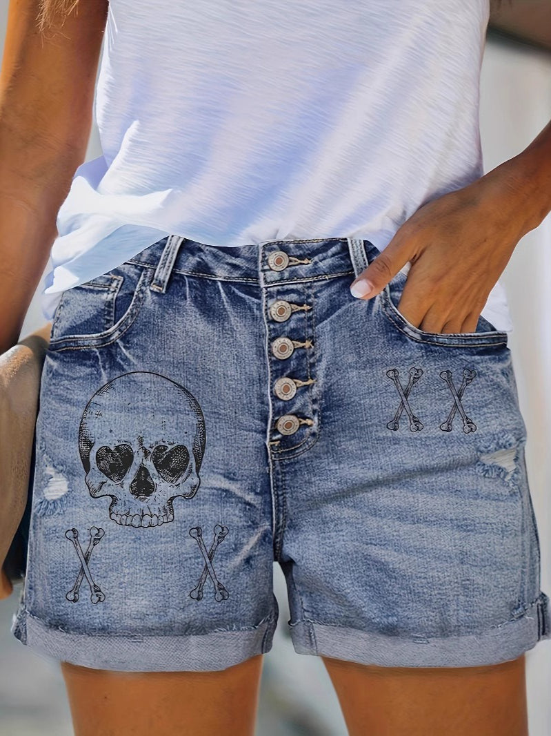 Punk Vintage Printed Distressed Stretch Shorts