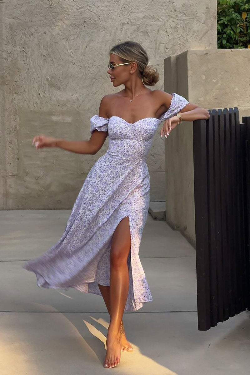 Off Shoulder Floral Slit Midi Dress