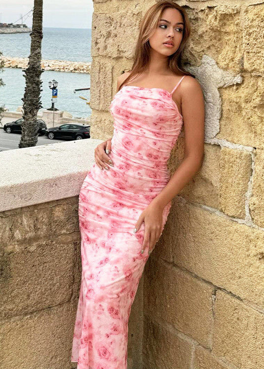 Blush Bloom – Ruched Floral Maxi Dress with Spaghetti Straps