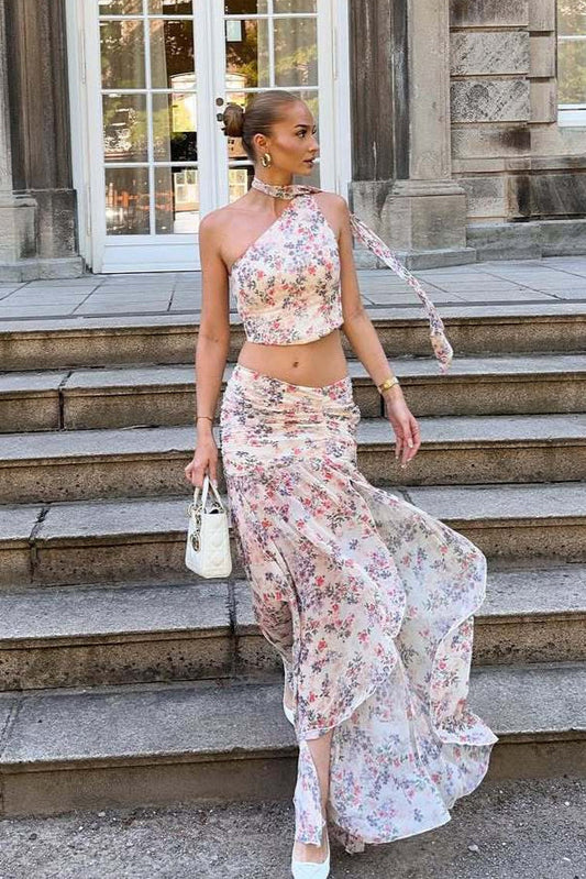 Light Pink Purple Floral One Shoulder Sleeveless Two Piece Set