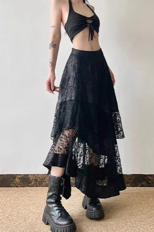 High Waist Asymmetric Lace Sheer Skirt