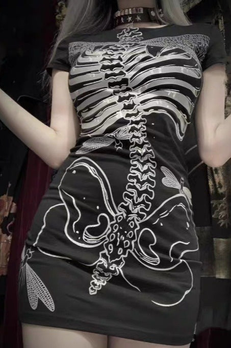 Dark Gothic Skeleton Bone Print Sheer Slim Dress