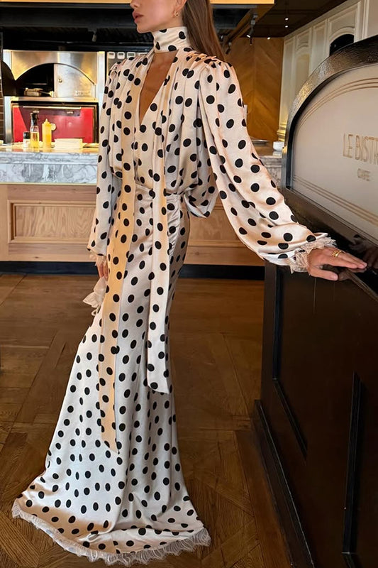 Chrissa Satin Polka Dot Print Lace Trim Tie-up Neck Balloon Sleeve Loose Blouse