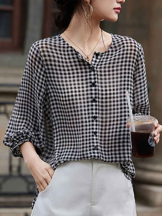 Peyton Vintage Crew Neck Plaid Printed Chiffon Blouse