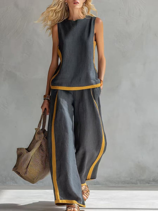 Sleeveless Color-blocked Wide-leg Pants Two-piece Set