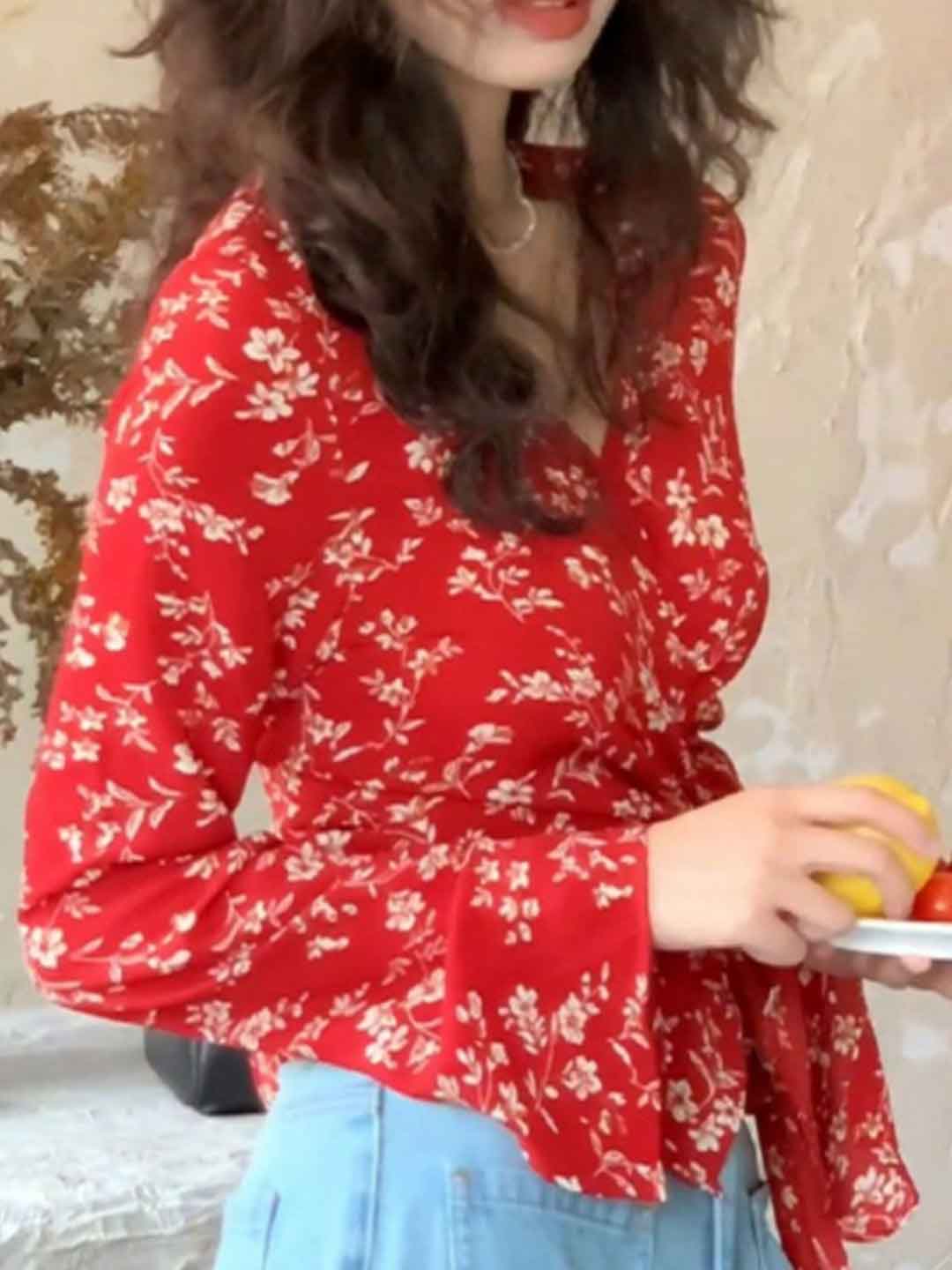 Olivia Vintage V-Neck Floral Chiffon Shirt