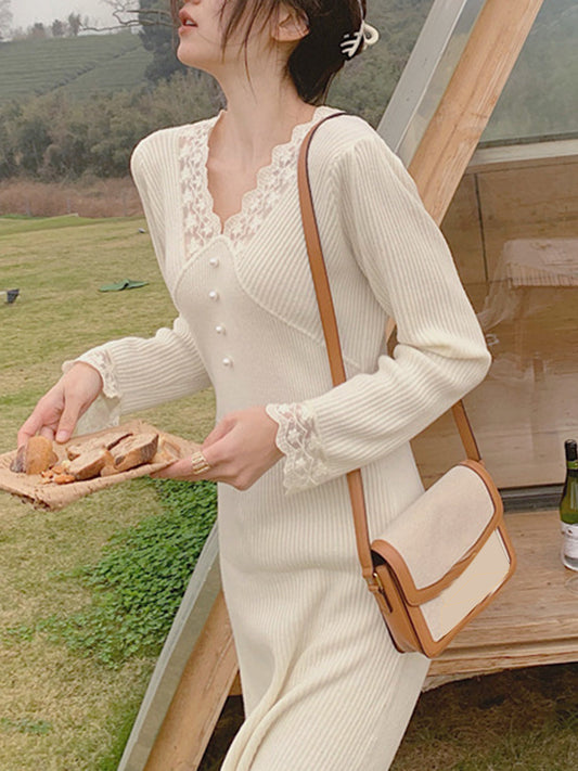 Layla French Style Lace Pearl Knitted Dress
