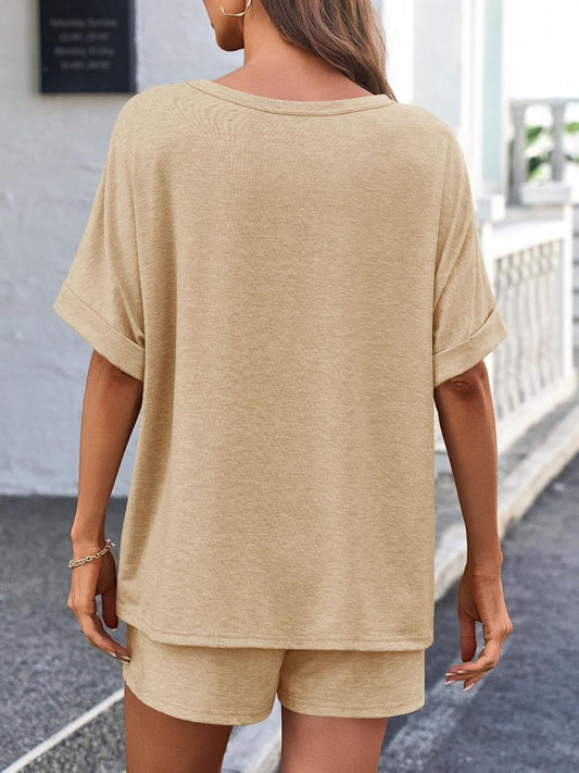 Batwing Sleeve T-shirt Drawstring Shorts Pocket Sportswear 2-piece Sets