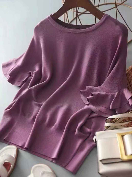 Paige Loose Crew Neck Crew Neck Ruffle Sleeve Knitted Top