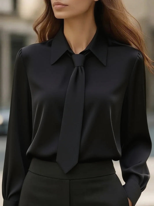Solid Color Casual Tie Long-sleeved French Shirt