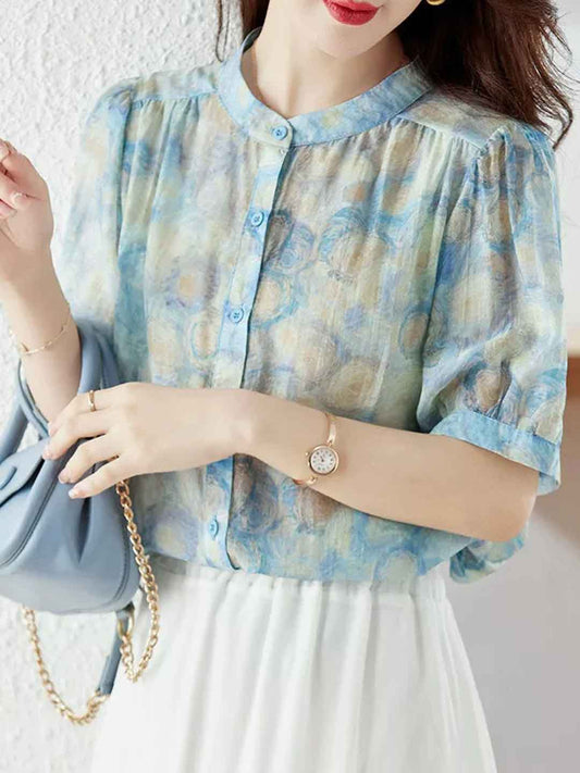 Zoe Vacation Crew Neck Lantern Sleeve Printed Top