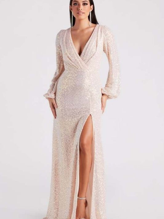 V-neck Slit Sequins Banquet Formal Dress Maxi Dresses