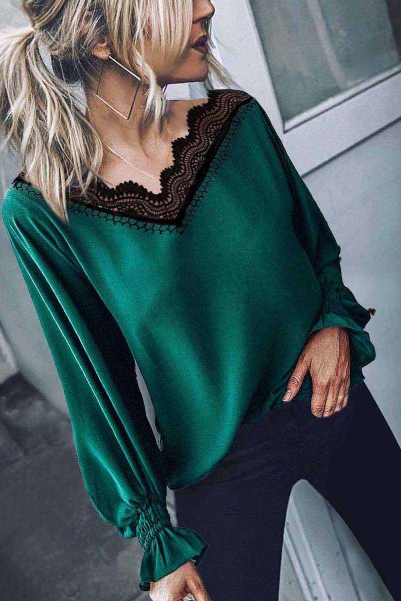 Lace V-Neck Long Sleeve Tops