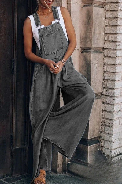 Women's Casual Denim Sleeveless Jumpsuit with Wide-Leg and Pockets | Great for Casual Days