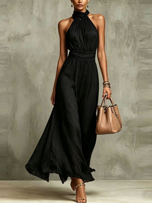 Halter Neck Solid Color Chiffon Vacation Style Waist-cinching Pleated Long Dress
