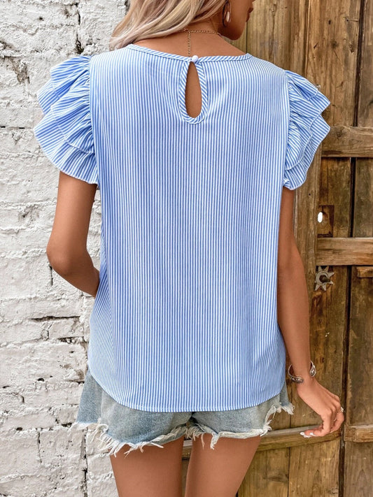 Round Neck Striped T-shirt With Ruffled Sleeves