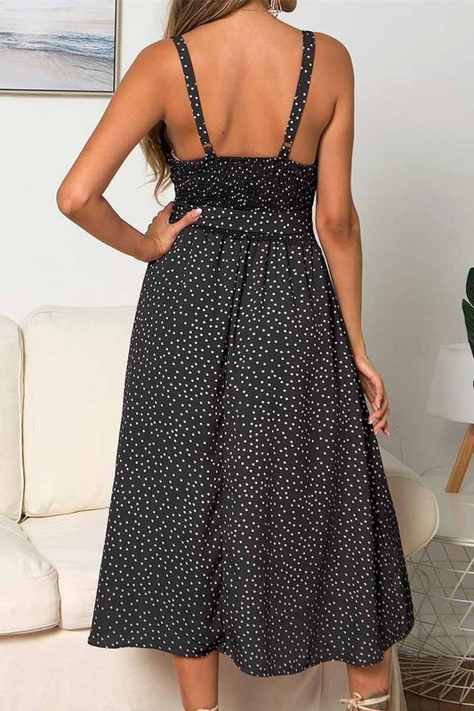 Backless Bandage Dot Design Button Midi Dress