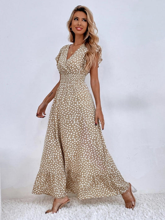 Floral Lotus Leaf Sleeves V-neck Vacation And Leisure Maxi Dresses