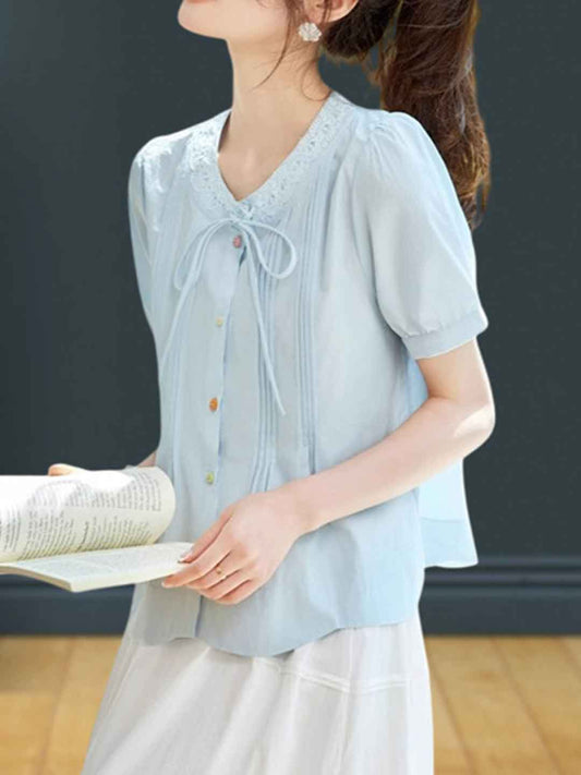 Maya Loose Crew Neck Puff Sleeve Bow Tie Top
