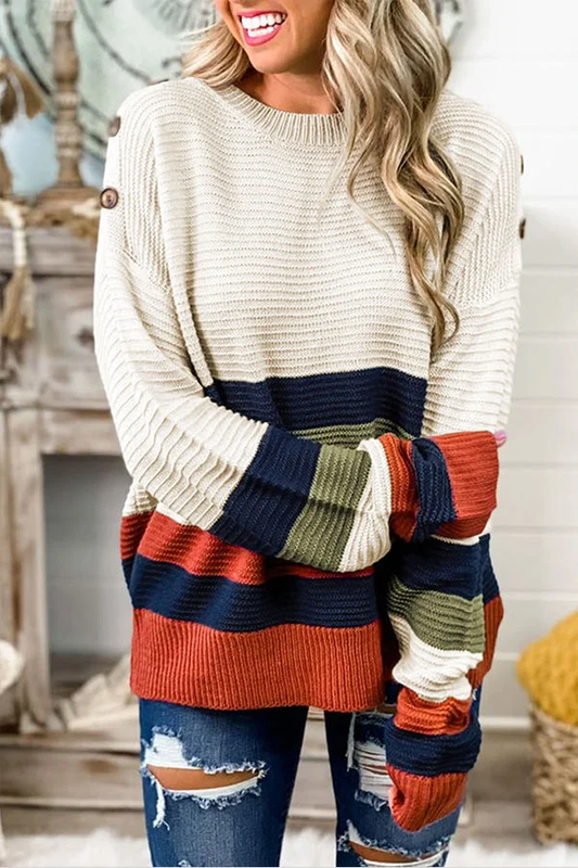 Jersey de punto a rayas oversize para mujer con cuello ancho | Ideal para otoño/invierno