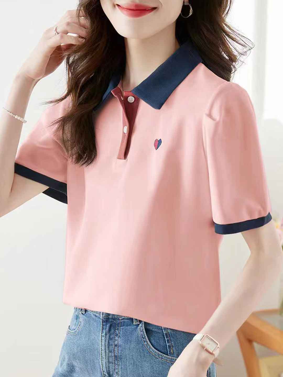 Morgan Casual Polo Collar Solid Color Top