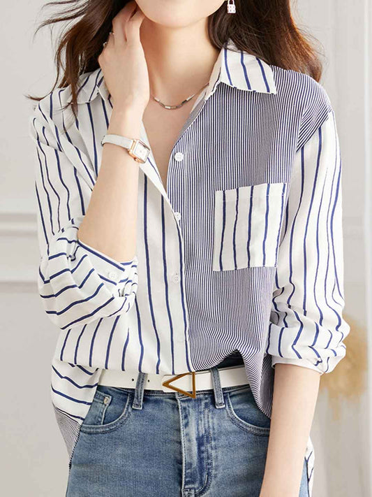 Khloe Loose Polo Collar Striped Patchwork Shirt