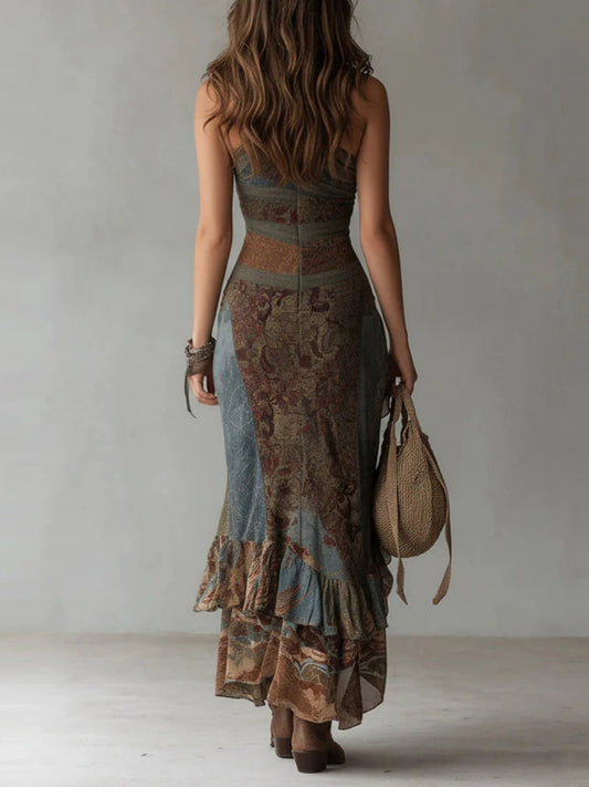 Hippie Style Vacation Retro Asymmetrical Sloping Shoulders Maxi Dresses