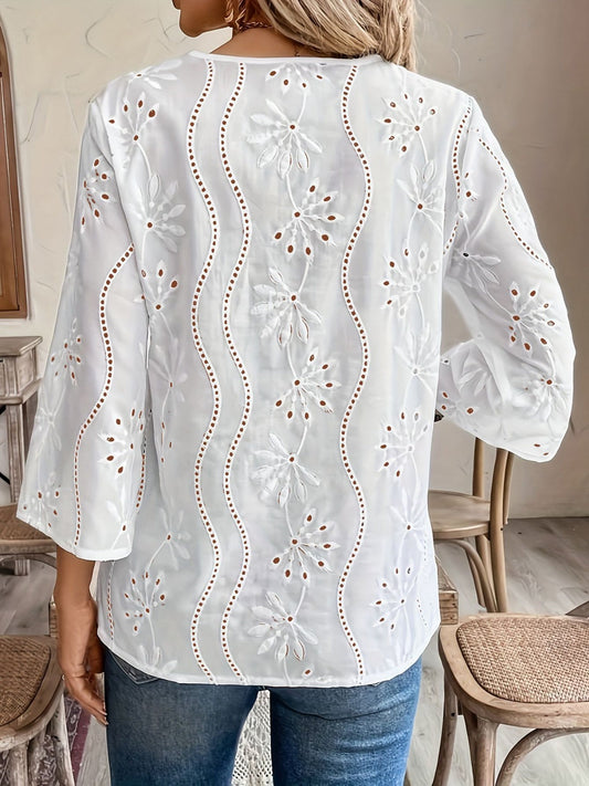 Lace Cutout Chiffon Embroidery V-neck Flare Sleeve Long-sleeved T-shirt