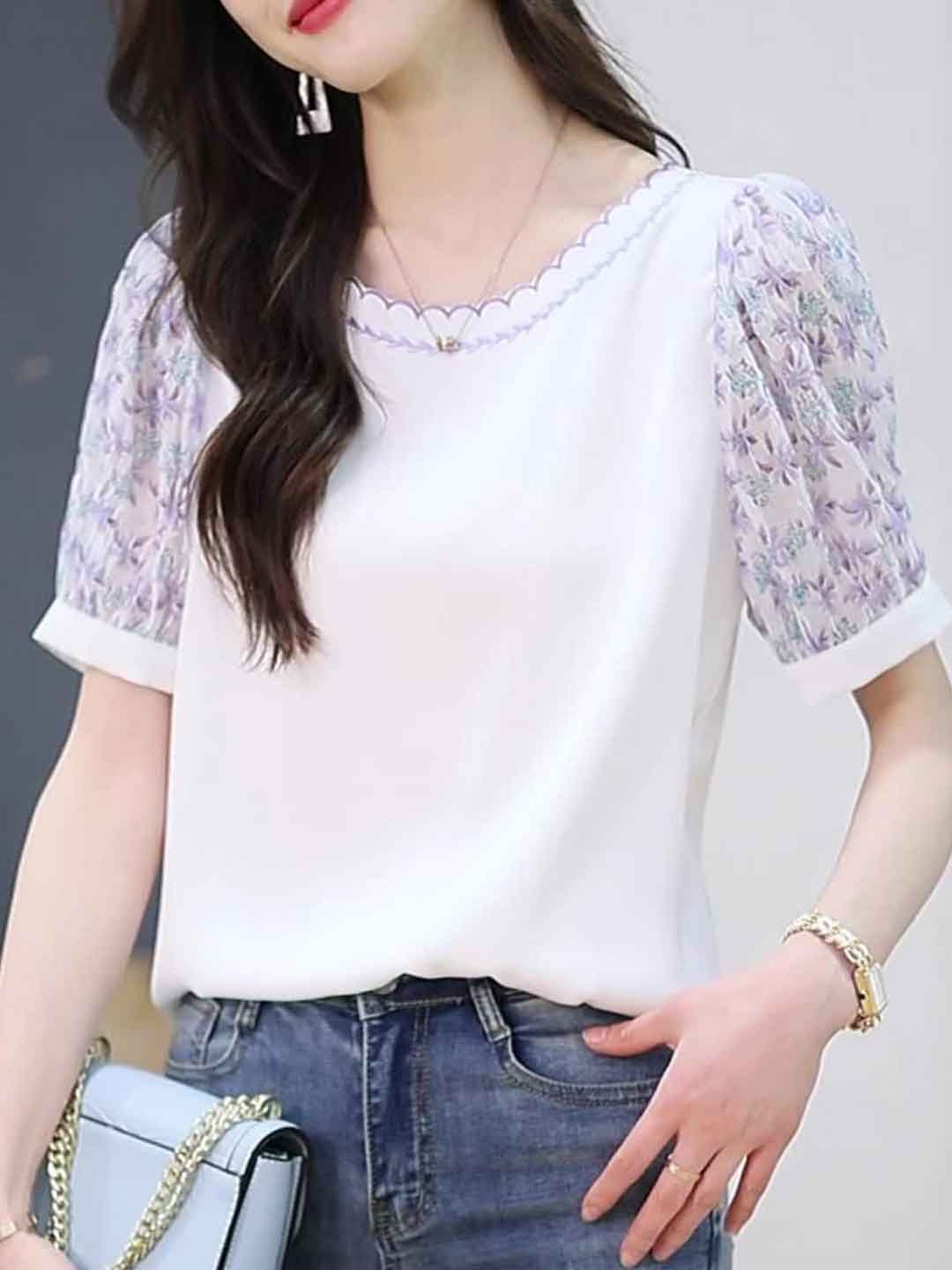 Maya Classic Crew Neck Floral Embroidered Chiffon Top