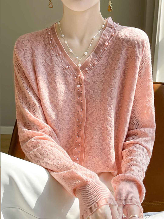Maya Chic V-Neck Lace Beaded Jacquard Knitted Top