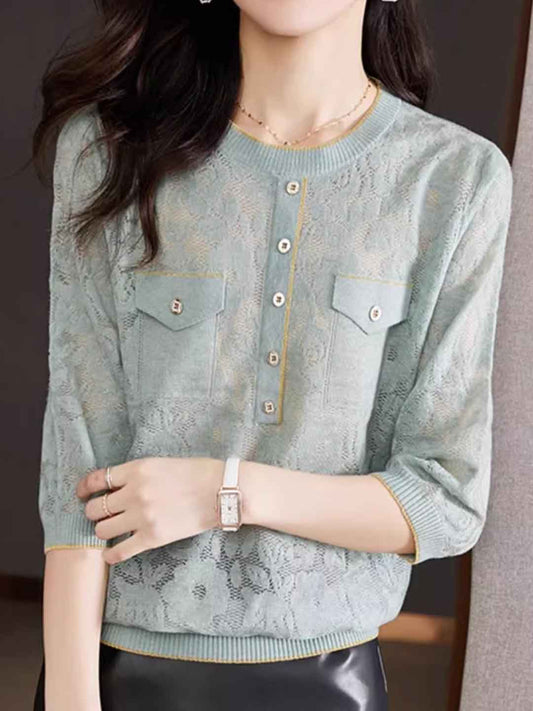 Riley Loose Crew Neck Hollowed Solid Color Knitted Top