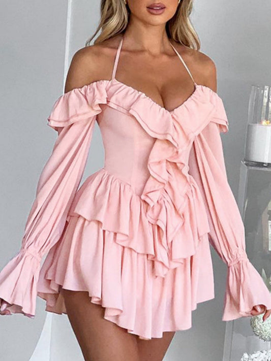 Ruffle Halter Neck Low-cut Flare Sleeve Sweet Mini&Short Dresses