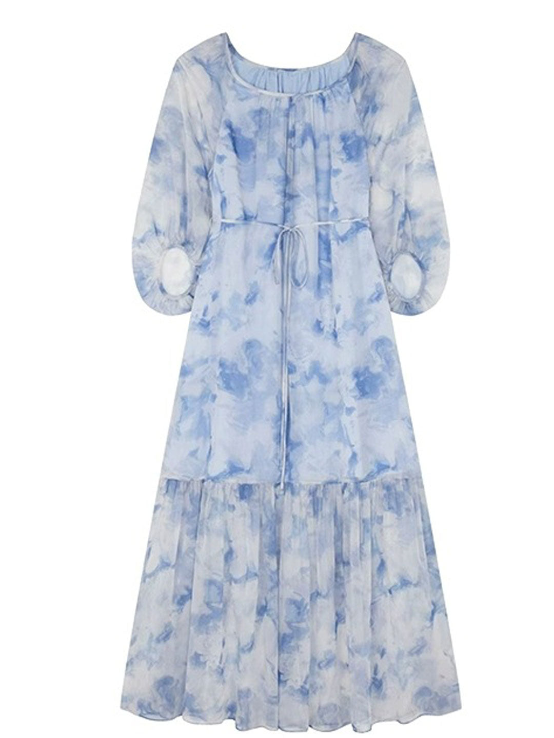 Zoey Vacation Crew Neck Lantern Sleeve Floral Printed Dress