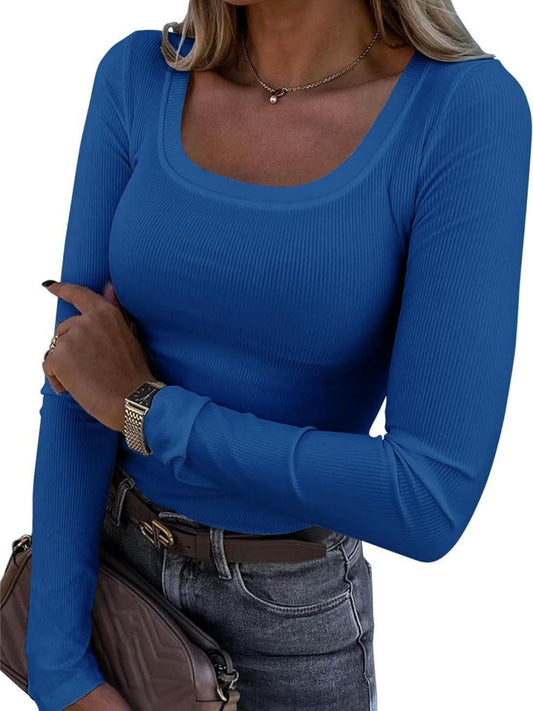 Threaded Groove Trimming Long Sleeve U-neck Base T-shirts
