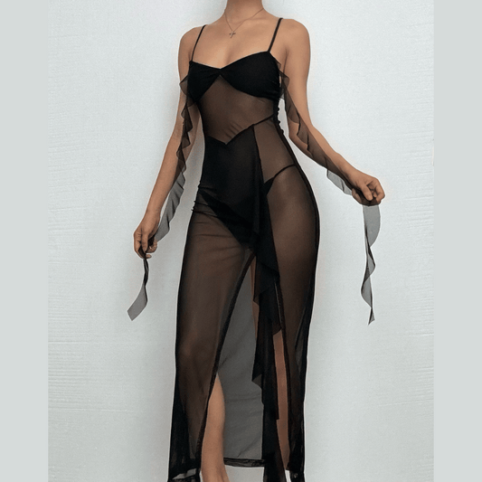 Sweetheart neck ruffle high slit sheer mesh cami midi dress | Festival Outfits Women