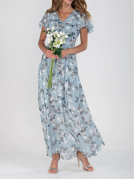 Chiffon Floral Print Short-sleeved Ruffled V-neck Long Dress