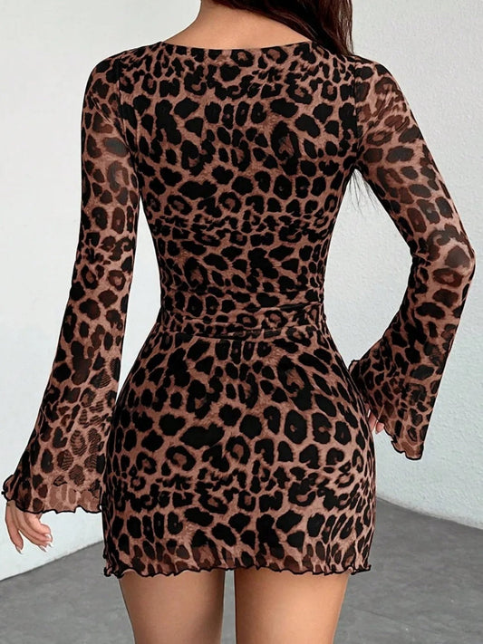 Leopard Print Mesh Slimming And Waist-cinching Long-sleeved Short Dress