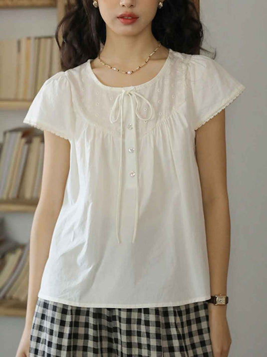 Rachel Retro Crew Neck Bow Tie Embroidered Shirt