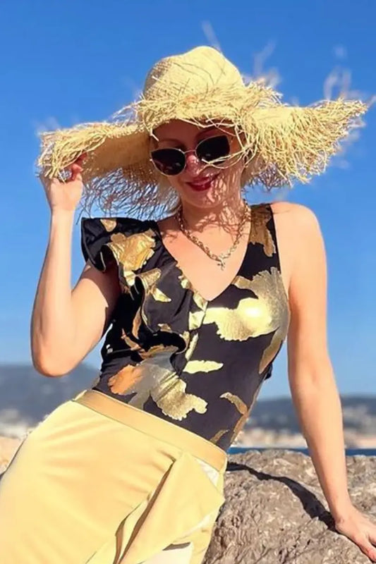 Foil Print Deep V Ruffle One Piece Swimsuit