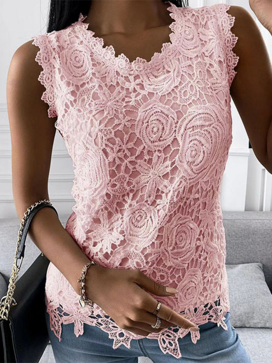 Lace Trim Crew Neck Tank Tops&Camis