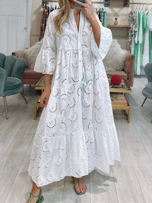 Lace Cutout V-neck Buttons Flare Sleeve Maxi Dresses
