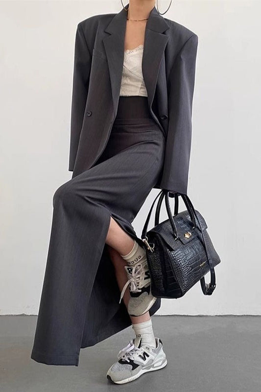 Wasteland Shoulder Pad Lapel Long Sleeve Drapey Blazer Split Midi Skirt Two Piece Set