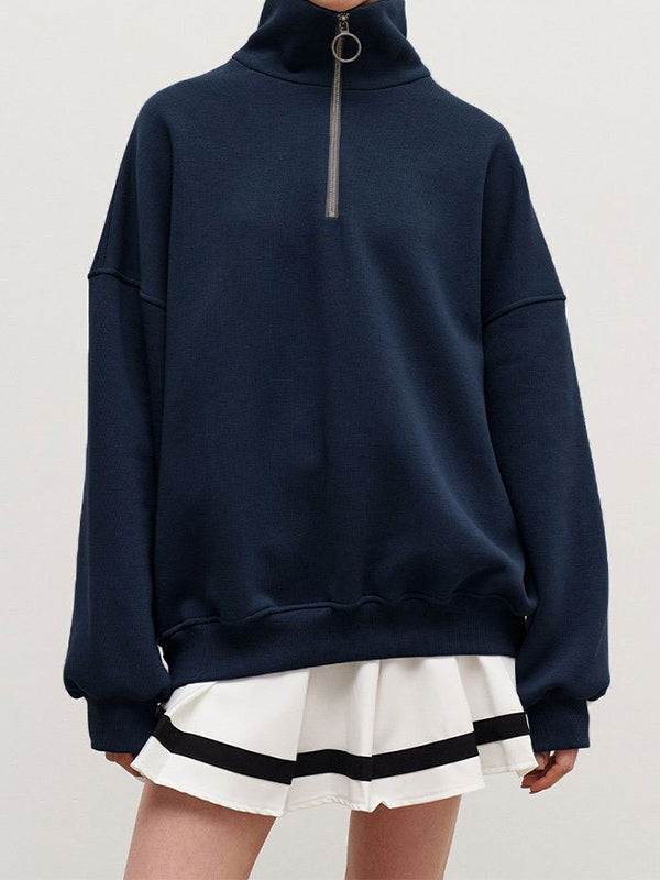 Solid Lapel Neck Half Zip Sweatshirt