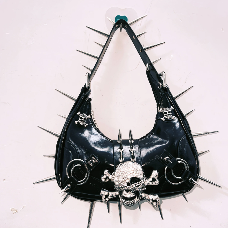 Skull applique PU leather rivet handbag | Festival Outfits Women