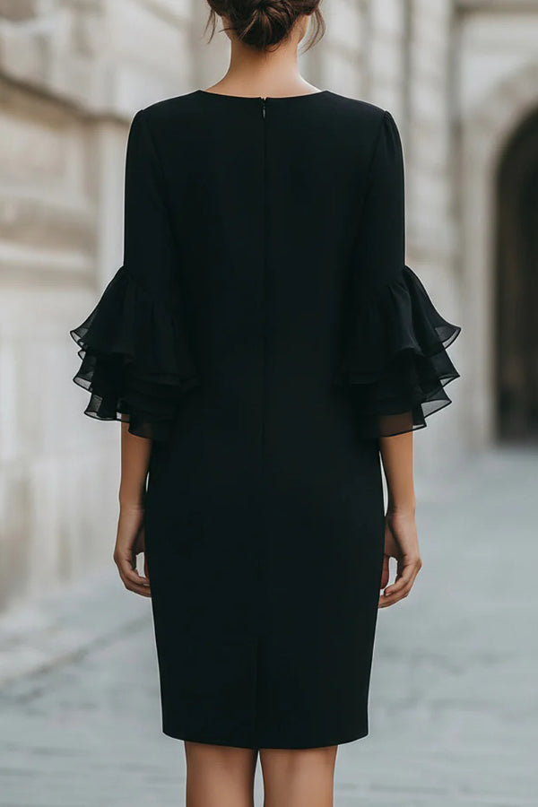 Solid Color Round Neck Ruffle Sleeve Elegant Mini Dress