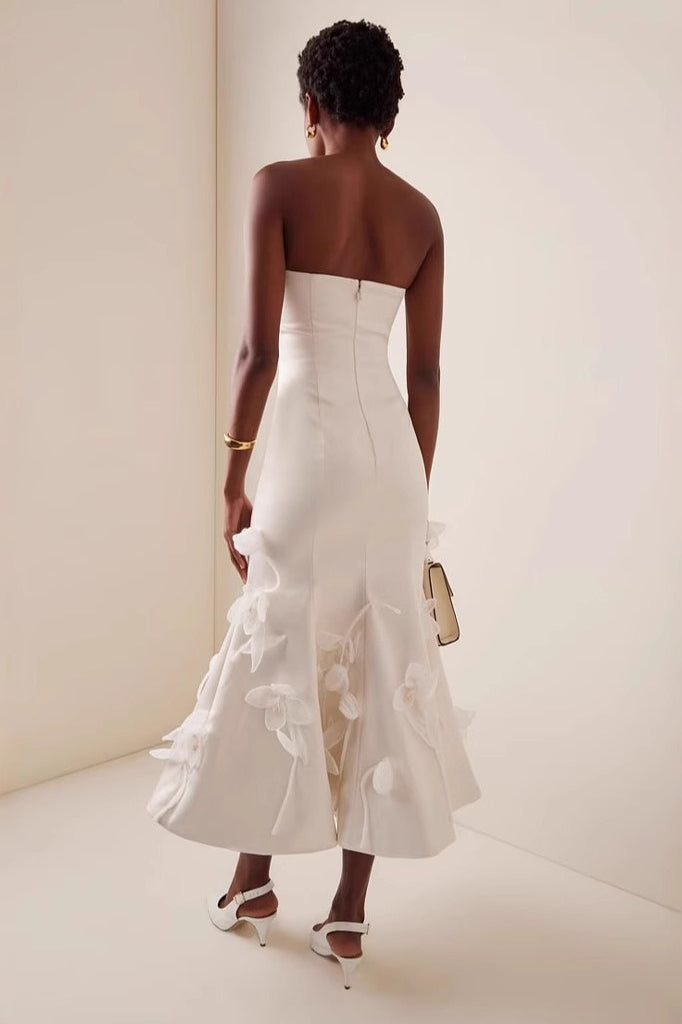 White Strapless 3D Floral High Waist Prom Dress
