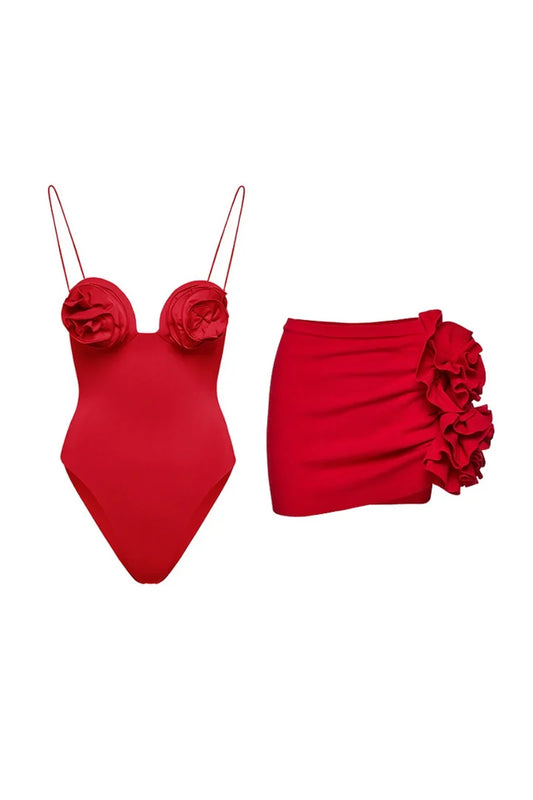 Floral Appliqué Swimsuit Skirt Set