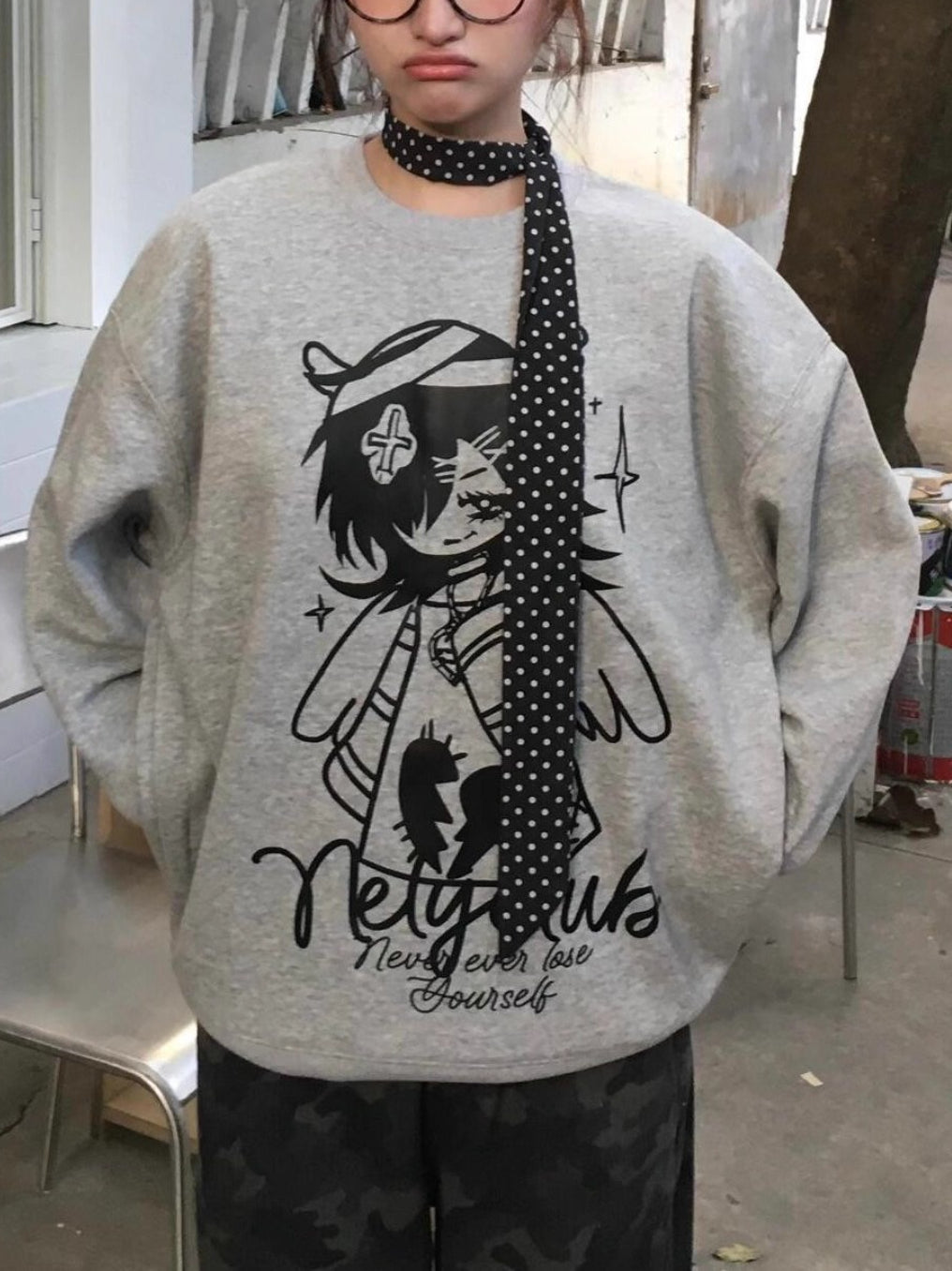 Bandage Angel Print Grey Subculture Loose Sweatshirt
