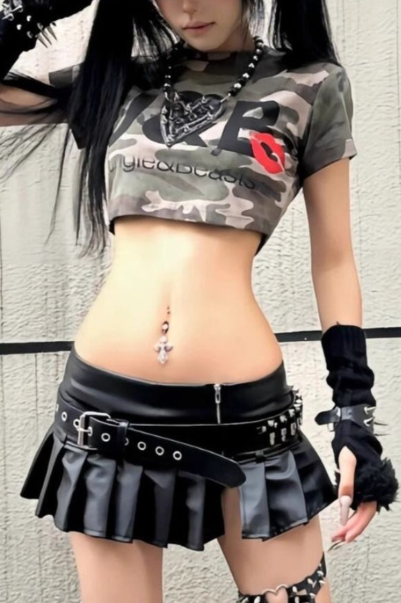 Y2K Distressed Camo Fitted Crop Top