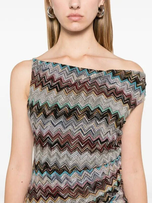 Cocktails and Vacation Knit Colorful Zigzag Pattern One Shoulder Slit Maxi Dress